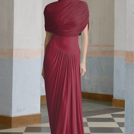 Brooklynn Elegant Maxi Dress Wine Red Shawl Detail Pleated Accents Floor Length