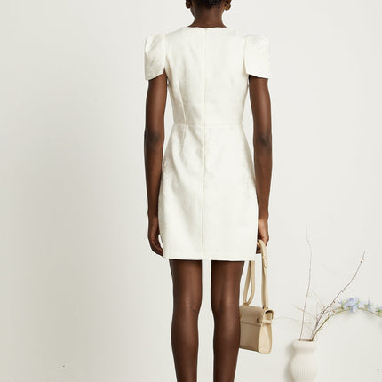 Brooklynn White Mini Dress with 3D Petal Detailing and Fabric-Covered Buttons