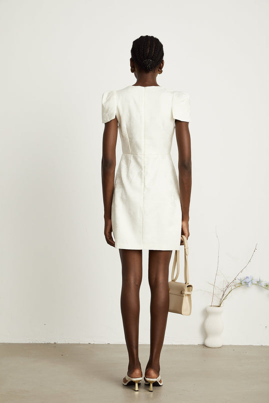 Brooklynn White Mini Dress with 3D Petal Detailing and Fabric-Covered Buttons