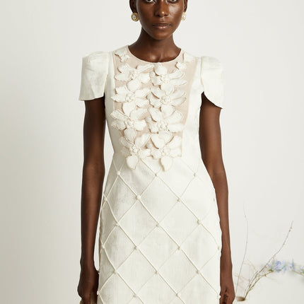 Brooklynn White Mini Dress with 3D Petal Detailing and Fabric-Covered Buttons