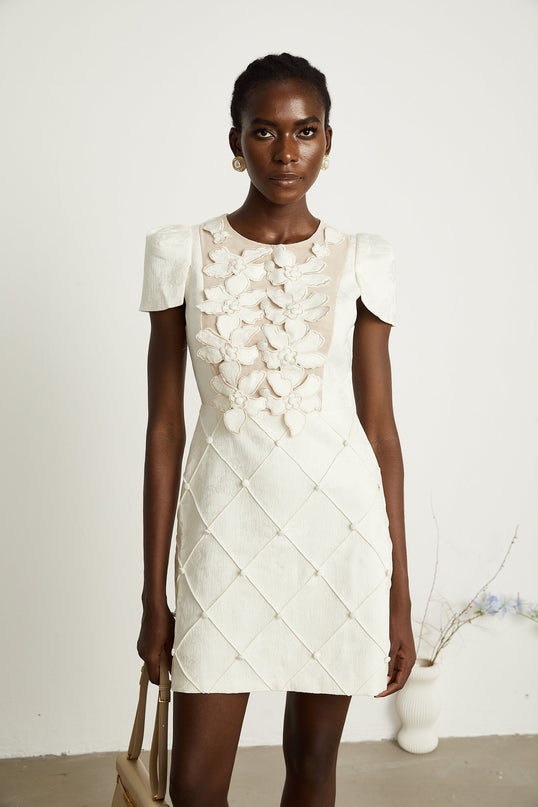Brooklynn White Mini Dress with 3D Petal Detailing and Fabric-Covered Buttons
