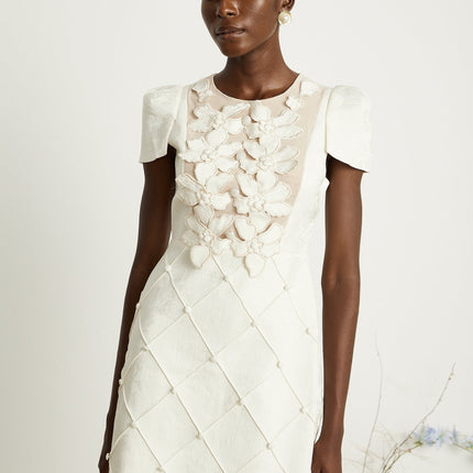 Brooklynn White Mini Dress with 3D Petal Detailing and Fabric-Covered Buttons