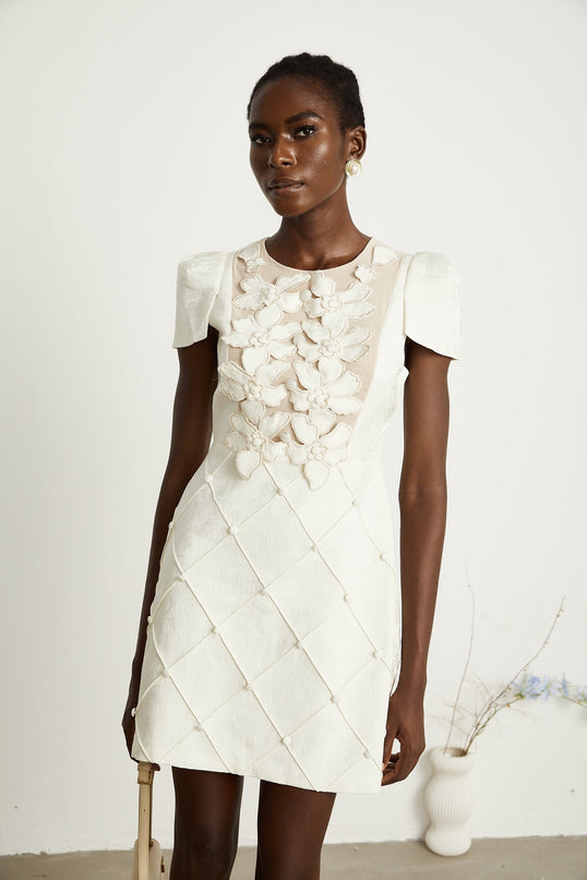 Brooklynn White Mini Dress with 3D Petal Detailing and Fabric-Covered Buttons