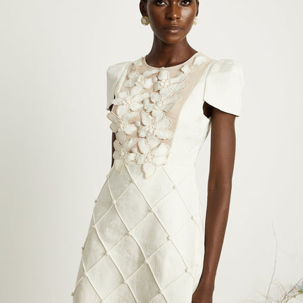 Brooklynn White Mini Dress with 3D Petal Detailing and Fabric-Covered Buttons