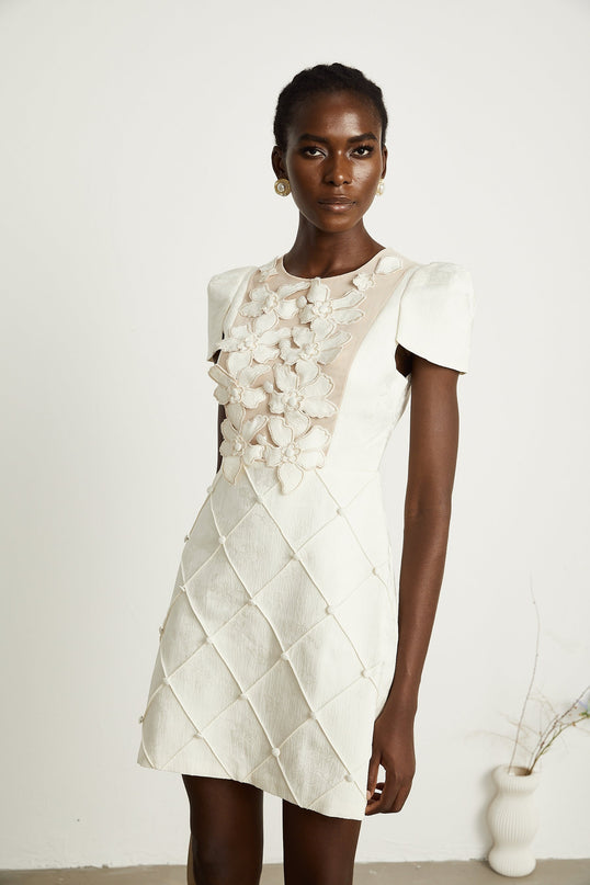 Brooklynn White Mini Dress with 3D Petal Detailing and Fabric-Covered Buttons