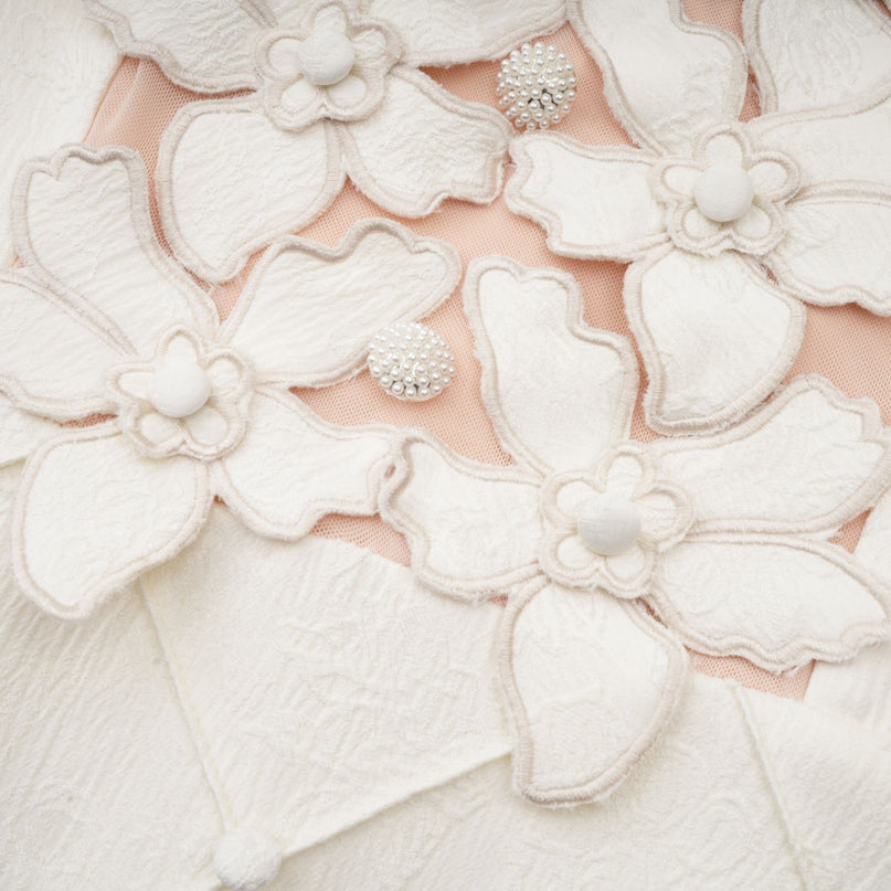 Brooklynn White Mini Dress with 3D Petal Detailing and Fabric-Covered Buttons