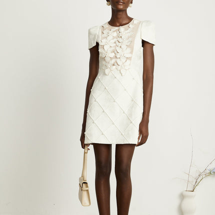 Brooklynn White Mini Dress with 3D Petal Detailing and Fabric-Covered Buttons