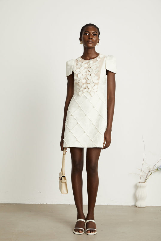 Brooklynn White Mini Dress with 3D Petal Detailing and Fabric-Covered Buttons