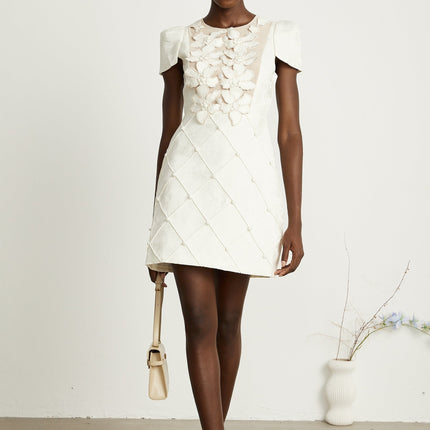 Brooklynn White Mini Dress with 3D Petal Detailing and Fabric-Covered Buttons