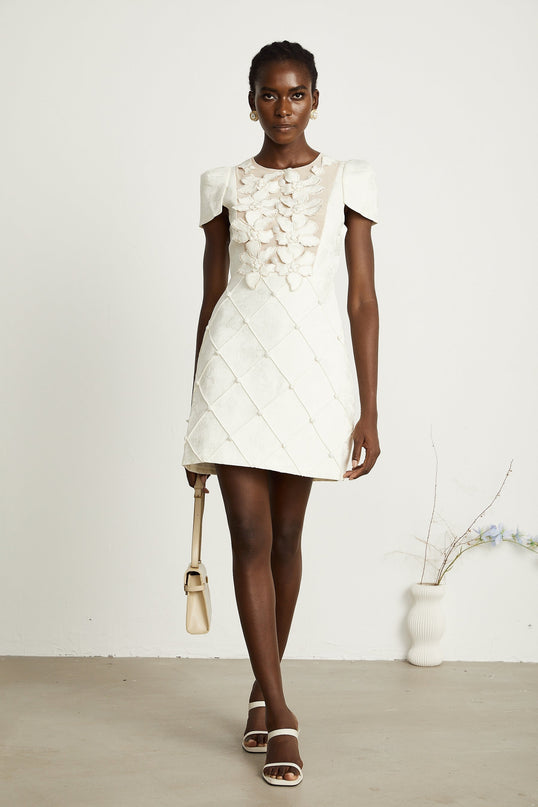 Brooklynn White Mini Dress with 3D Petal Detailing and Fabric-Covered Buttons