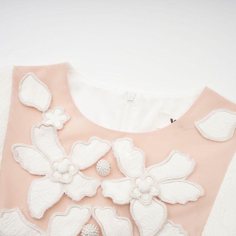 Brooklynn White Mini Dress with 3D Petal Detailing and Fabric-Covered Buttons