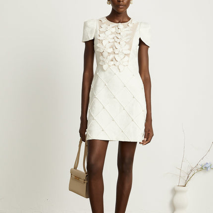 Brooklynn White Mini Dress with 3D Petal Detailing and Fabric-Covered Buttons