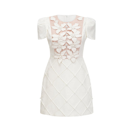 Brooklynn White Mini Dress with 3D Petal Detailing and Fabric-Covered Buttons