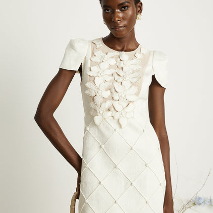 Brooklynn White Mini Dress with 3D Petal Detailing and Fabric-Covered Buttons