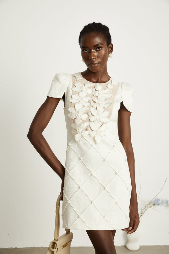 Brooklynn White Mini Dress with 3D Petal Detailing and Fabric-Covered Buttons