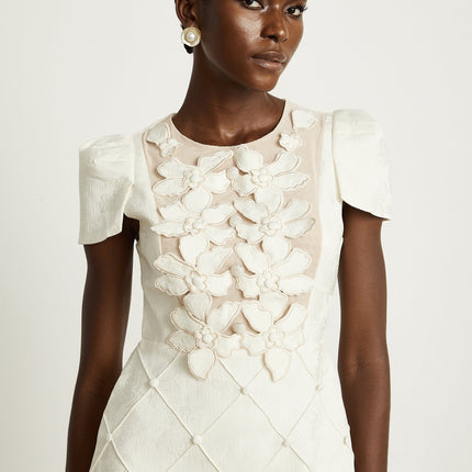 Brooklynn White Mini Dress with 3D Petal Detailing and Fabric-Covered Buttons