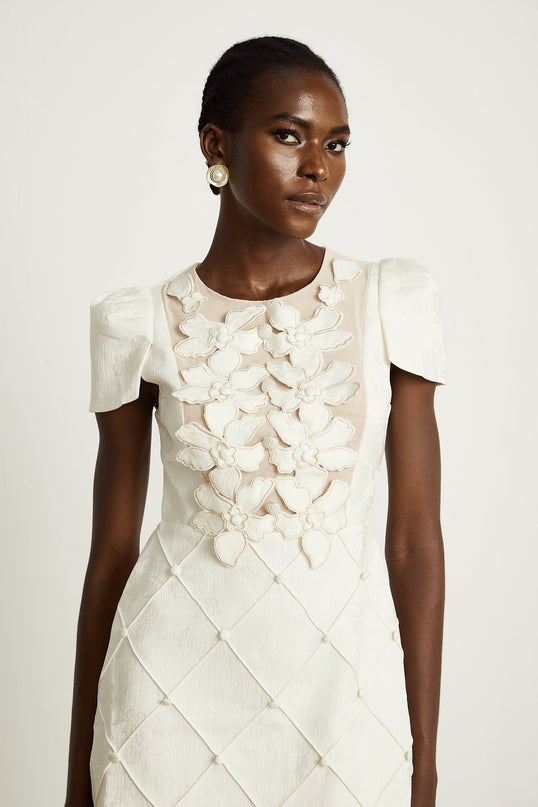 Brooklynn White Mini Dress with 3D Petal Detailing and Fabric-Covered Buttons