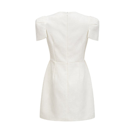 Brooklynn White Mini Dress 3D Petal Detailing Fabric Covered Buttons Tulle Paneling Rear Zip Fastening