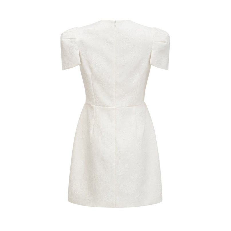 Brooklynn White Mini Dress 3D Petal Detailing Fabric Covered Buttons Tulle Paneling Rear Zip Fastening
