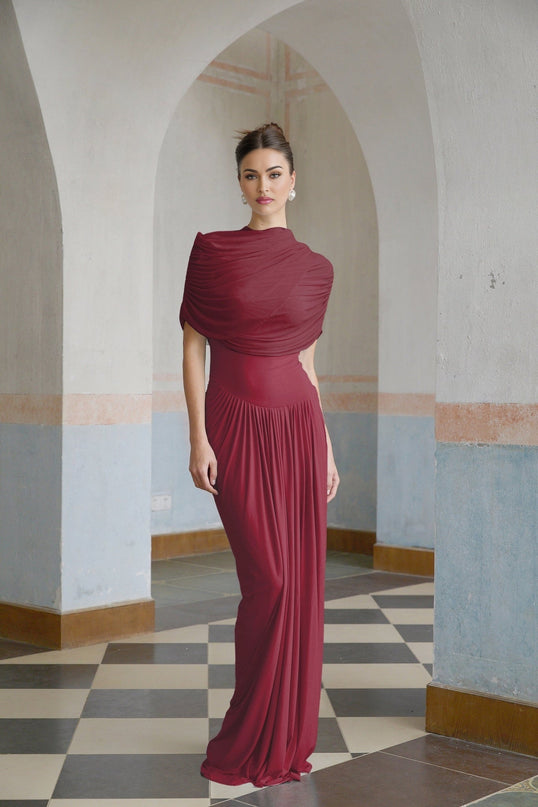 Brooklynn Wine Red Elegant Maxi Dress with Shawl Detail and Pleated Accents