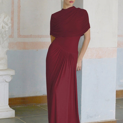 Brooklynn Wine Red Elegant Maxi Dress with Shawl Detail and Pleated Accents