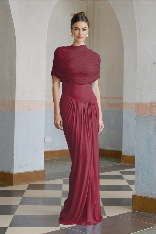 Brooklynn Wine Red Elegant Maxi Dress with Shawl Detail and Pleated Accents
