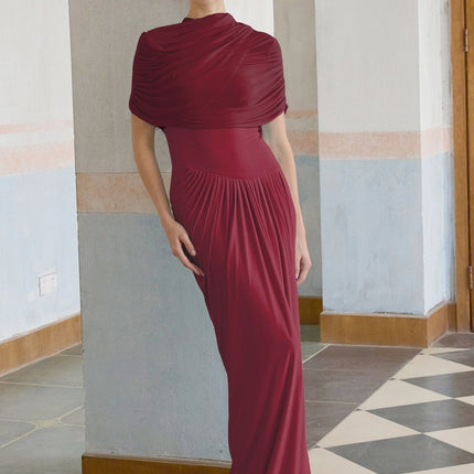 Brooklynn Wine Red Elegant Maxi Dress with Shawl Detail and Pleated Accents