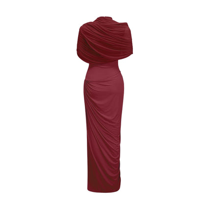 Brooklynn Wine Red Elegant Maxi Dress with Shawl Detail and Pleated Accents