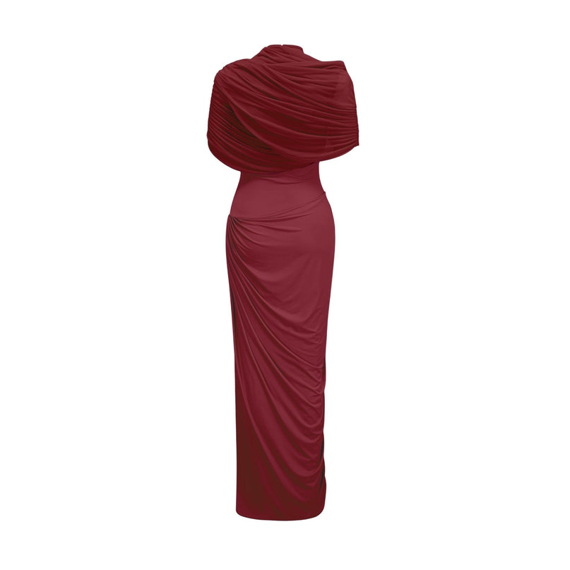 Brooklynn Wine Red Elegant Maxi Dress with Shawl Detail and Pleated Accents