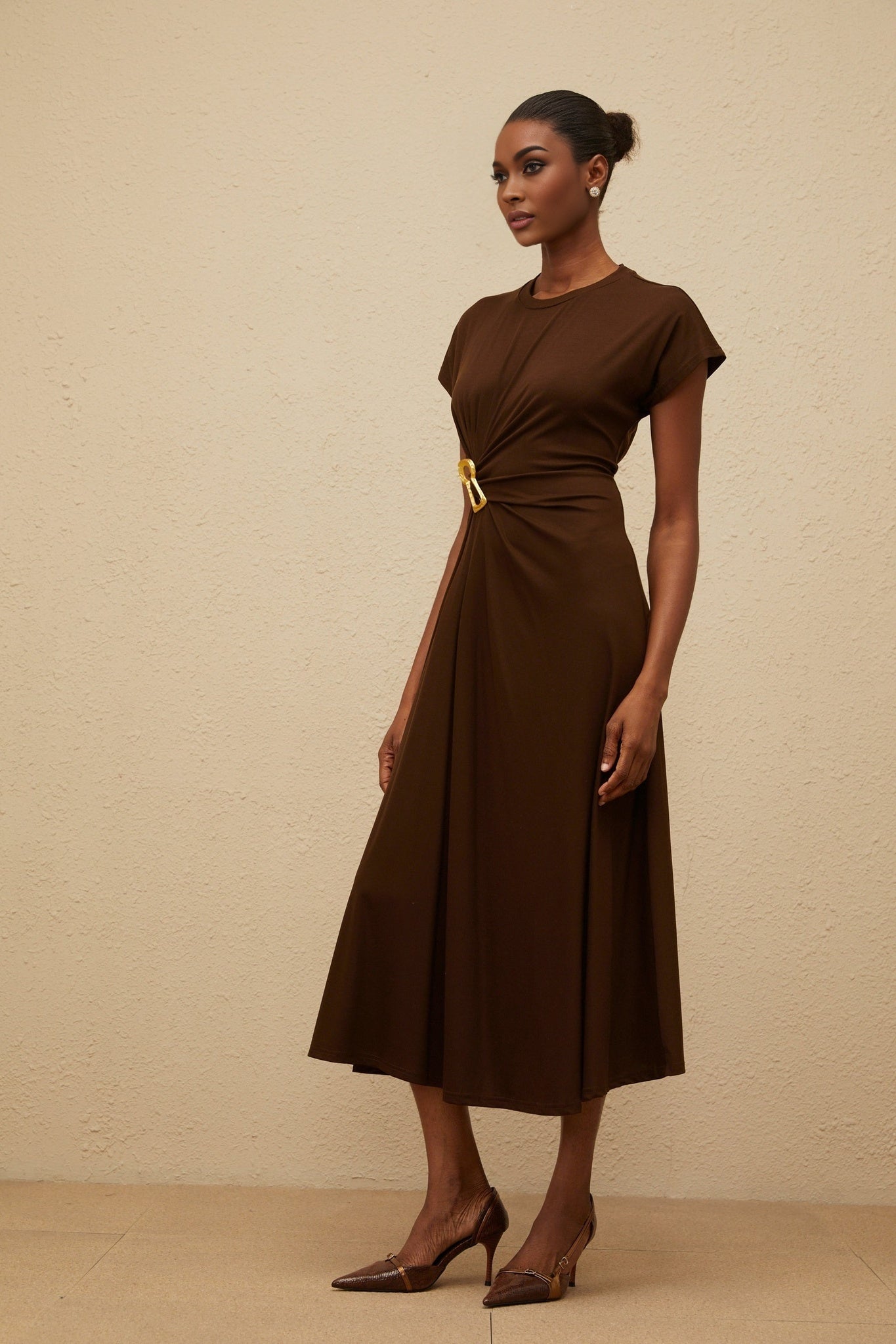 Brown Cap Sleeve Midi Dress with Gathered Detailing and Keyhole Pin
