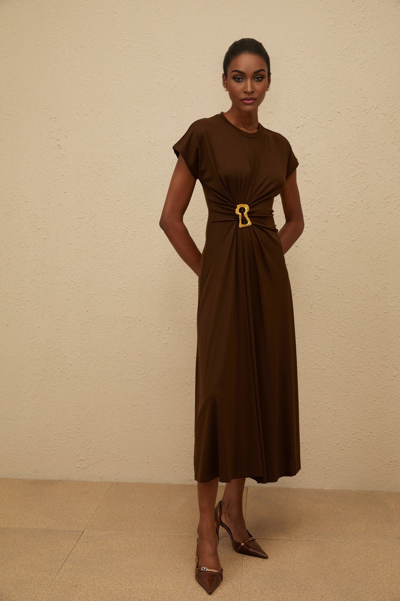 Brown Cap Sleeve Midi Dress with Keyhole Detailing