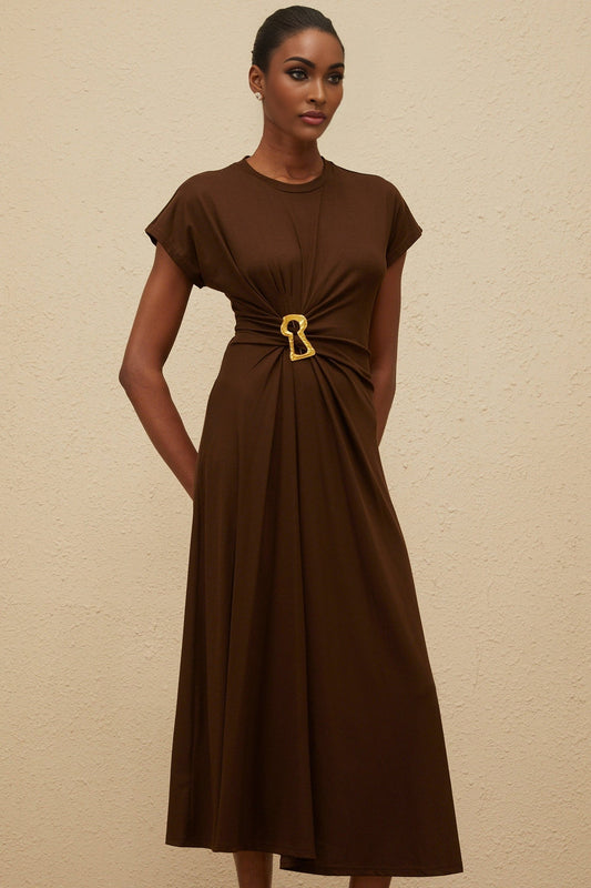 Brown Cap Sleeve Midi Dress with Keyhole Pin