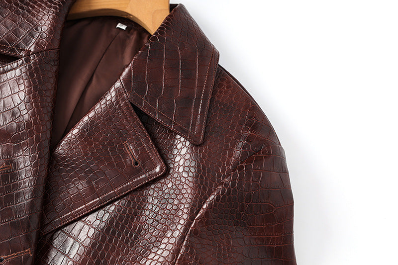 Brown Croc-Embossed Long Trench Coat with Adjustable Belt and Bold Black Buttons