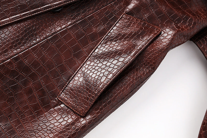 Brown Croc-Embossed Long Trench Coat with Tailored Waist and Bold Black Buttons