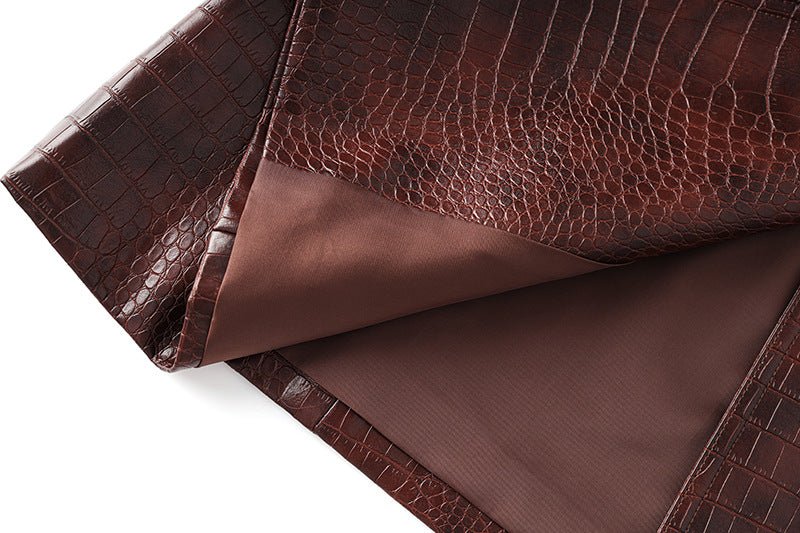 Brown Croc-Embossed Trench Coat with Adjustable Belt and Bold Black Buttons