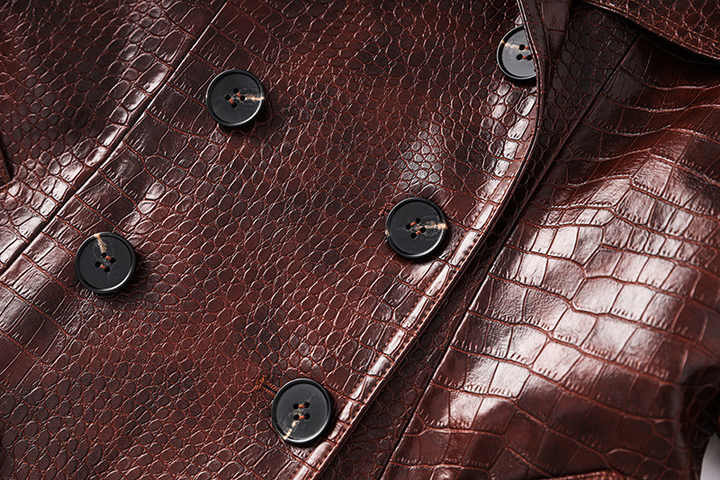 Brown Croc-Embossed Trench Coat with Double-Breasted Button Closure