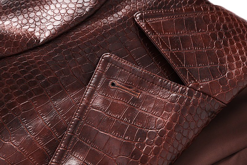 Brown Croc-Embossed Trench Coat with Adjustable Belt and Bold Black Buttons