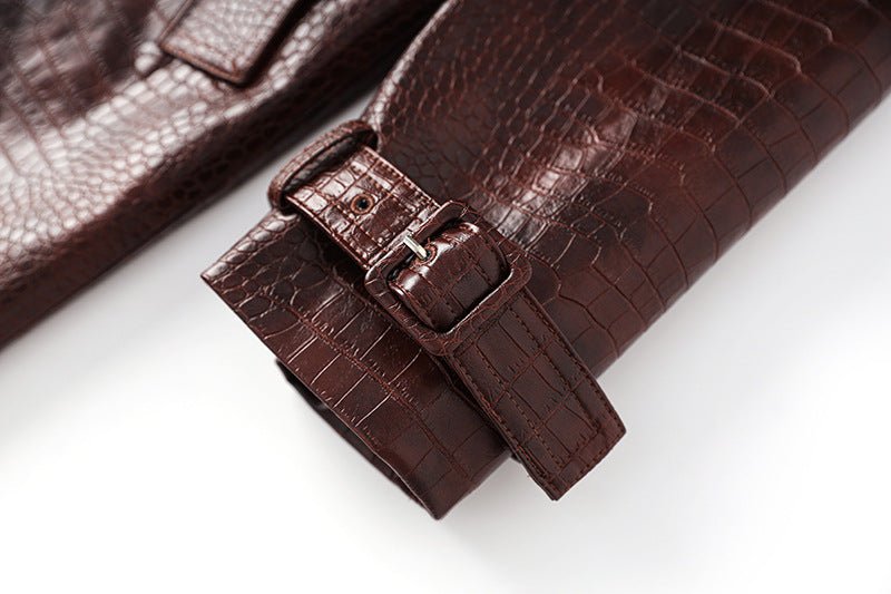 Brown Croc-Embossed Trench Coat with Adjustable Belt and Bold Black Buttons