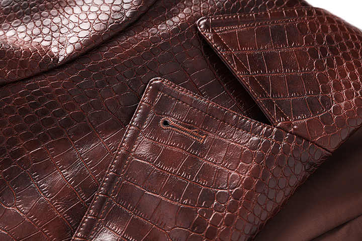 Brown Croc-Embossed Trench Coat with Adjustable Belt and Bold Black Buttons