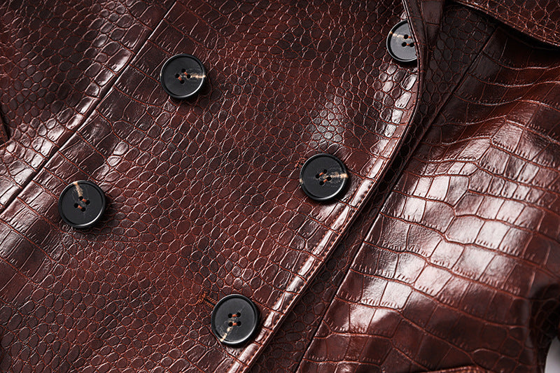 Brown Croc-Embossed Trench Coat with Wide Lapels and Tailored Waist