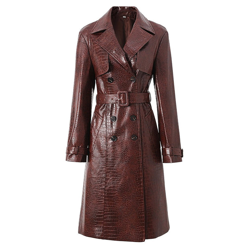 Brown Croc-Embossed Trench Coat with Belt and Black Buttons
