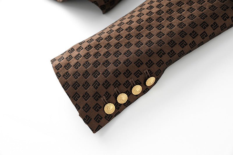 Brown double-breasted blazer with gold buttons and embossed geometric design