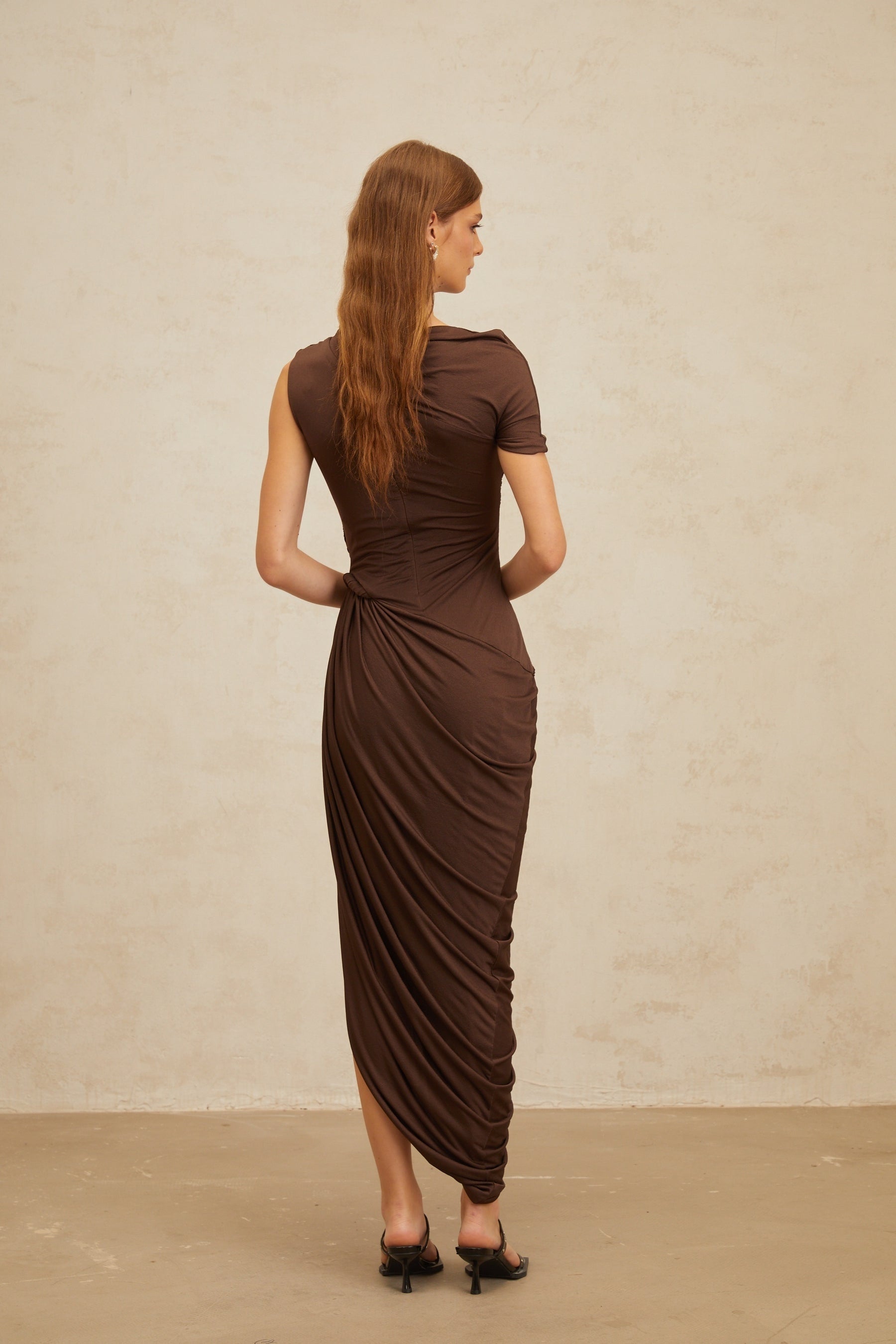 Brown Fitted Waistline Ruched Detailing Asymmetrical Midi Dress