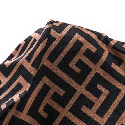 Brown geometric logo print slim fit dress with high neck detail