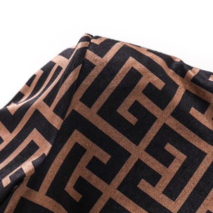 Brown geometric logo print slim fit dress with high neck detail