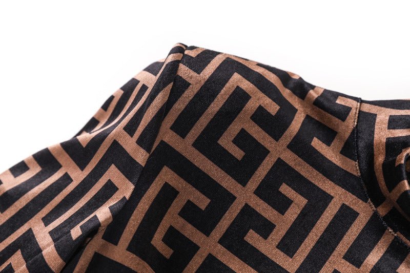 Brown geometric logo print slim fit dress with high neck detail