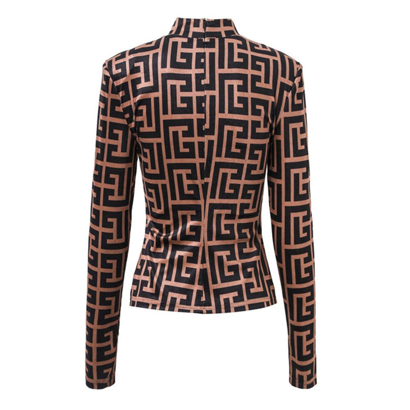 Brown geometric logo print slim fit long sleeve top