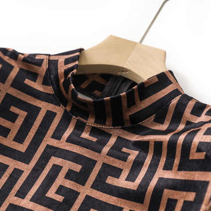 Brown geometric logo print slim fit top with high neck detail