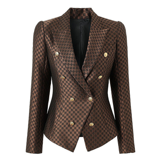 Brown Geometric Pattern Double-Breasted Blazer with Gold Buttons
