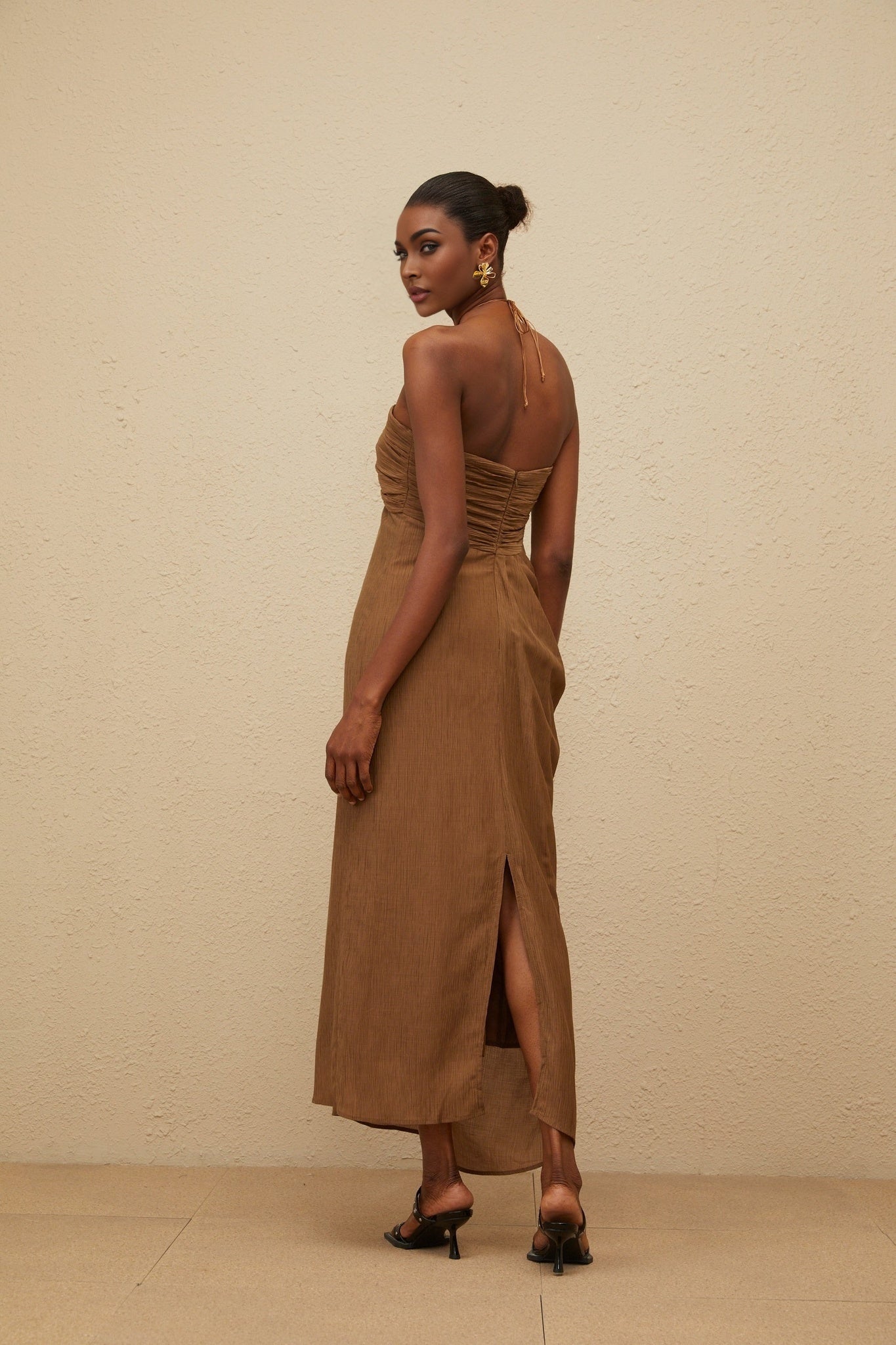Brown Halterneck Maxi Dress with Beaded Straps and Open Back